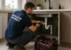 Instalator care intervine într-un apartament din Sector 1 București pentru reparații sanitare și termice