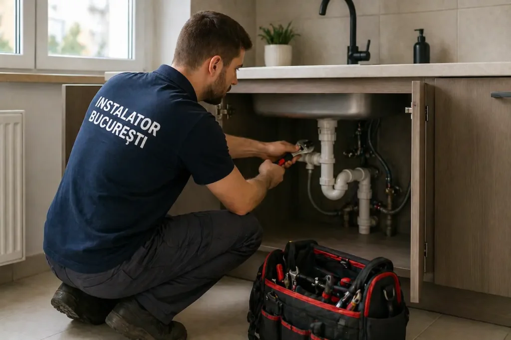 Instalator care intervine într-un apartament din Sector 1 București pentru reparații sanitare și termice
