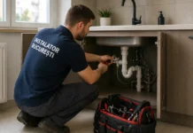Instalator care intervine într-un apartament din Sector 1 București pentru reparații sanitare și termice