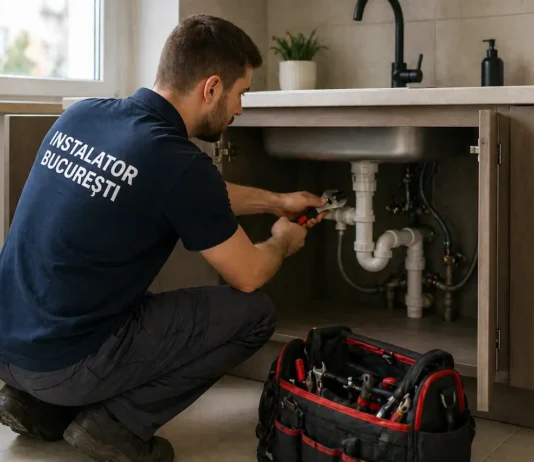 Instalator care intervine într-un apartament din Sector 1 București pentru reparații sanitare și termice